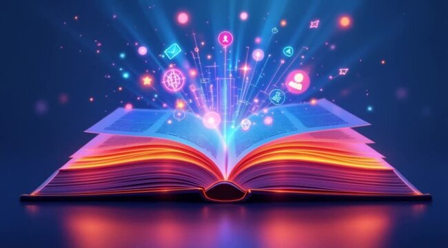 Open book with digital icons exploding from pages, abstract, graphic design, inspirational, use for education