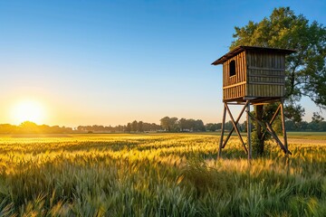 In a field, a lone hunting tower stands beside a single oak tree during the sunset