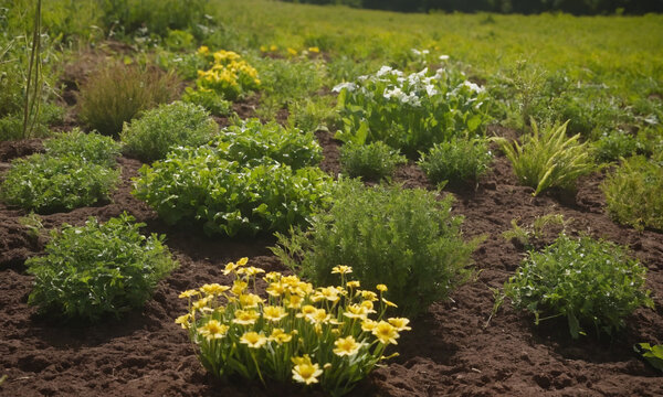 vegetable garden spring flowers in the garden with beautiful grass and weeds in a rural enviroment good landa plants that are in some dirt near flowers