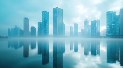 Misty city skyline reflected in calm water.