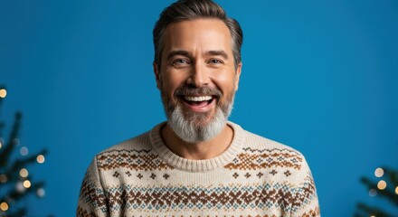 Fototapeta premium Cheerful man in winter sweater smiling against festive blue background
