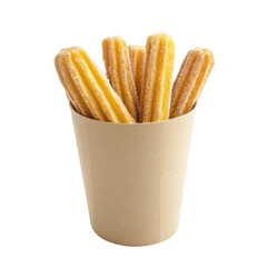 Churros in a cardboard cup, isolated on a white background