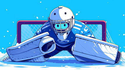 Cartoon-style ice hockey goalie in action, poised to block a puck with a vibrant blue background