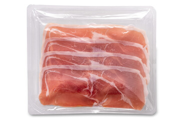 Raw Parma ham slices sealed in clear plastic tray isolated