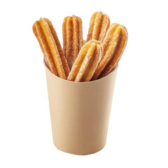 Churros in a cardboard cup, isolated on a white background
