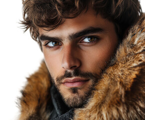 Studio portrait man in fur jacket. Isolated on transparent background, png.