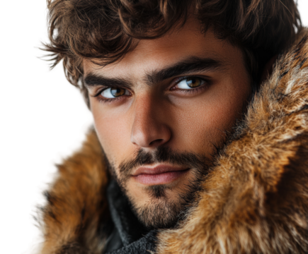 Studio portrait man in fur jacket. Isolated on transparent background, png.