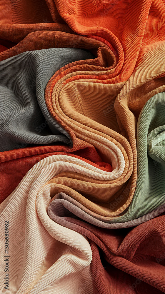 Poster close-up of colorful fabric in a smooth swirl, featuring orange, red, beige, and green tones, showca