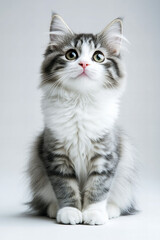 Obraz premium Fluffy ragdoll cat with deep blue eyes lying on a white background, highlighting its soft fur, unique color points, and relaxed posture, ideal for pet care, feline photography, animal-related content