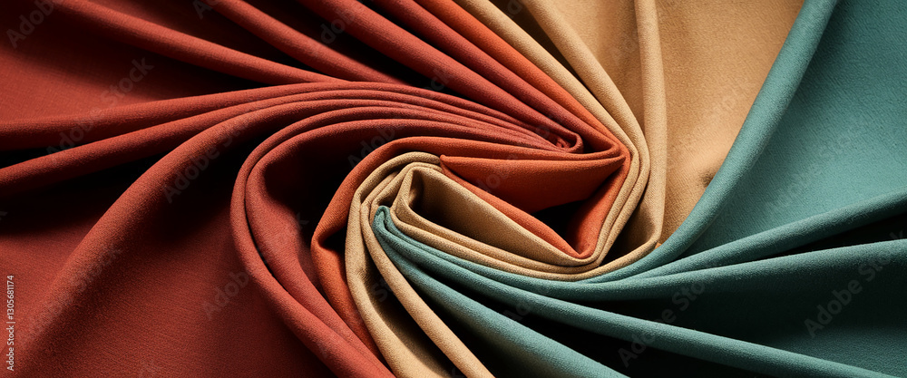 Poster close-up of colorful folded textile fabric in shades of orange, red, beige, and green, creating a me