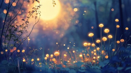Glowing yellow flowers in a mystical and magical moonlit forest setting