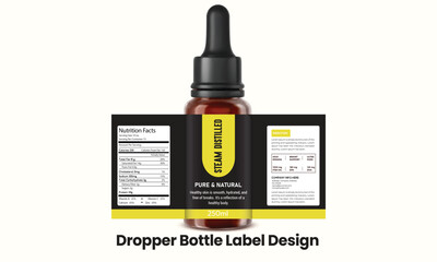 Modern dropper bottle label design featuring black and yellow colors, nutrition facts, and product details. Ideal for essential oils, supplements, and cosmetics. 