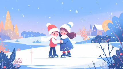 Children ice skating joyfully on a snowy landscape, surrounded by trees and a cozy house in winter