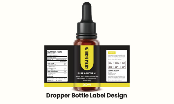 Modern dropper bottle label design featuring black and yellow colors, nutrition facts, and product details. Ideal for essential oils, supplements, and cosmetics. 