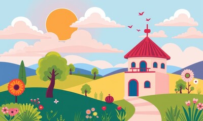 Fototapeta premium Charming Countryside Scene with Illustrative House and Lush Landscape Under a Vibrant Blue Sky with Stylized Sun and Whimsical Clouds