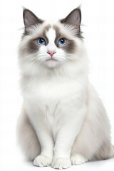 Elegant ragdoll cat with striking blue eyes lying down on a white background, showcasing its soft long fur and gentle expression, perfect for pet-related content, cat breed promotions, or animal care 
