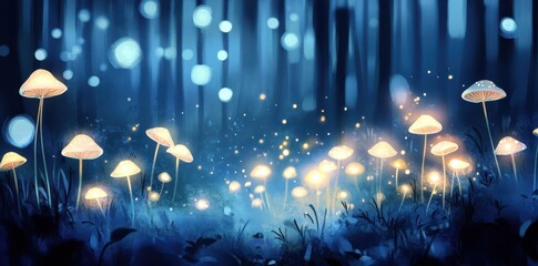 Obraz premium Illuminated Mushrooms Shining Brightly Within A Dark Enchanted Forest