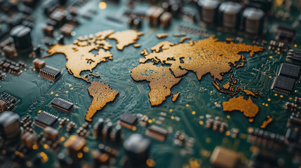 A global map on a microchip symbolizes the interconnectedness of global semiconductor trade, showcasing the fusion of technology, economy, and international relations in the modern world