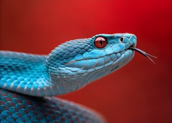 Artistic shot of a blue viper snake against a red background, highlighting its striking appearance.