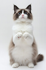 Elegant ragdoll cat with striking blue eyes lying down on a white background, showcasing its soft long fur and gentle expression, perfect for pet-related content, cat breed promotions, or animal care 