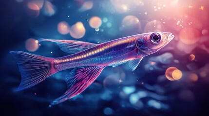 Iridescent fish swimming in bokeh water.