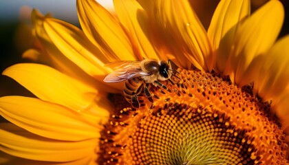 Honeybee harvesting golden pollen, perching on bright yellow sunflower petals during summer pollination process