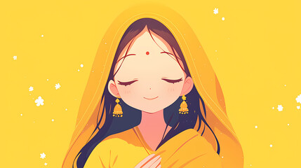 A serene young woman in a yellow shawl, smiling gently, surrounded by a soft yellow background