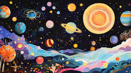 A vibrant cosmic scene featuring various planets, stars, and celestial bodies in a dark space background. Celestial - Sky. Illustration