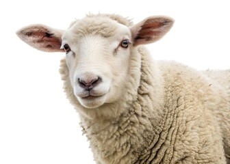 Obraz premium Cute sheep with a curious expression, standing in a lush green field, ideal for farm branding.