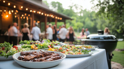 Festive backyard dinner with grilled barbecue and joyful dancing