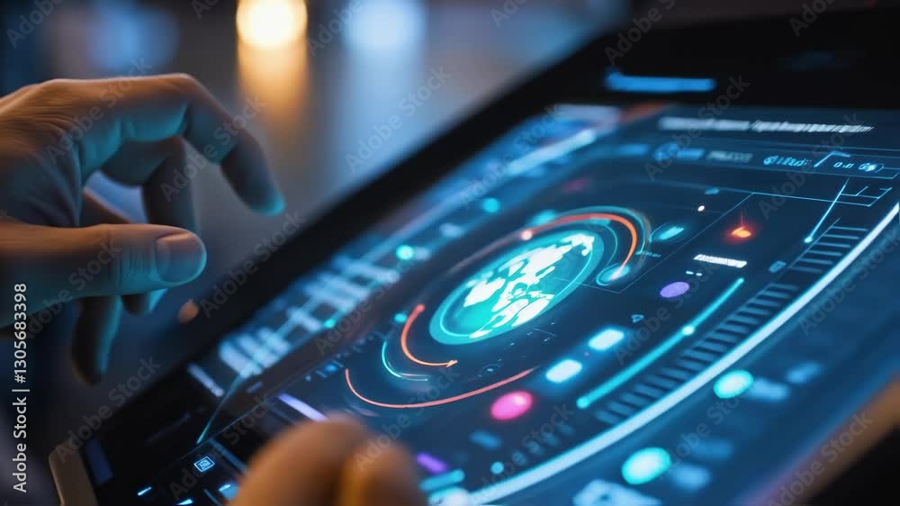 Poster close up of software engineer hands browsing futuristic touchscreen control panel with world map, da