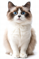 Fluffy ragdoll cat with blue eyes lying on a white background, relaxed and playful, with soft long fur and a luxurious coat, ideal for pet-related advertisements, cat care promotions, or feline lovers