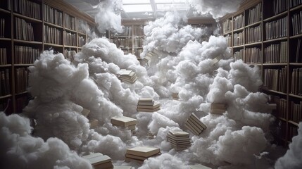 Books and clouds fill a library, surreal scene.