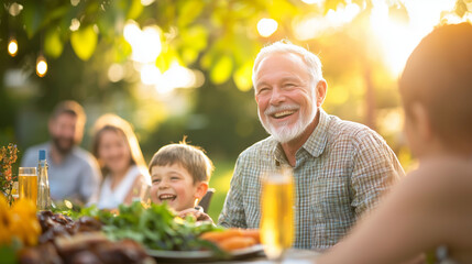 A joyful family gathering in a lush garden with a grandfather