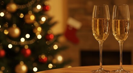 Festive celebration with champagne flutes and holiday decor by glowing christmas tree