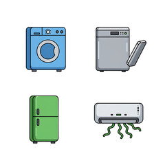 Fototapeta premium Home appliances illustration showcasing washer, dishwasher, fridge, and conditioner