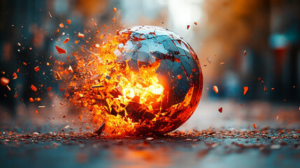 A shattered globe with fragments symbolizes global fragility, crises, and conflict in the modern world, reflecting the instability and interconnectedness of nations during turbulent times.

