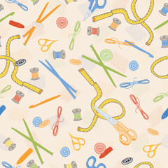 Crafty Corner Colorful Craft Tools on Ecru background creating a seamless pattern print background
