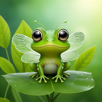 A cute chibi froggy moth, green nature background