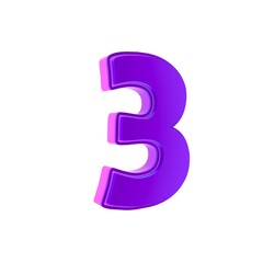 3D bold purple number "3" with a smooth shiny effect, isolated.