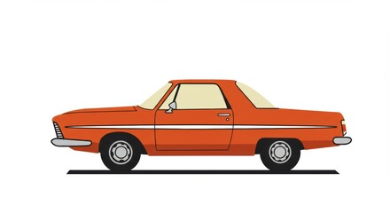 Fototapeta premium Retro orange car on white background with minimalist design elements