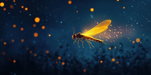 Naklejka premium A Glowing Dragonfly Illuminated By Sparks Flying In The Night Sky
