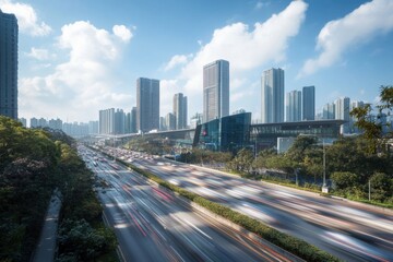 Fototapeta premium Sunny city streets, bustling traffic flow of vehicles on the highway in Shenzhen with tall buildings and modern architecture along both sides Generative AI