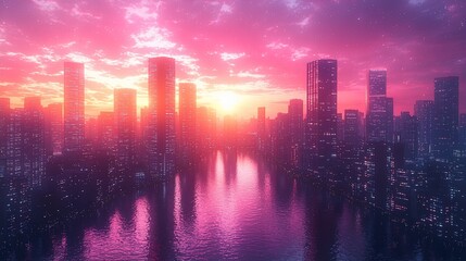 Fototapeta premium Pink sunset over futuristic city skyline reflected in water.