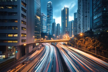 Fototapeta premium A cityscape with tall buildings and busy streets, capturing the essence of urban life during the blue hour The scene includes cars moving at high speeds on roads Generative AI