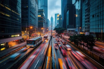 Fototapeta premium A cityscape of Hong Kong with skyscrapers and busy traffic, captured in long exposure to showcase the movement of cars on urban streets Generative AI