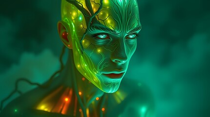  A futuristic cybernetic humanoid with glowing green and gold bioluminescent circuitry, blending organic and synthetic elements. A striking vision of AI evolution and transhuman aesthetics.