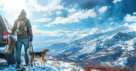 Manstanding beside his truck, flanked by his German Shorthair Pointer and a Vizsla puppy, sets up for a bird-hunting expedition in the field