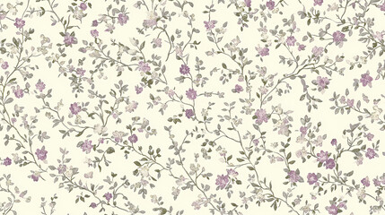 Obraz premium Seamless wallpaper pattern of small, ditsy floral print in muted mauve and sage green on a cream background. Enchanted - Forest. Illustration