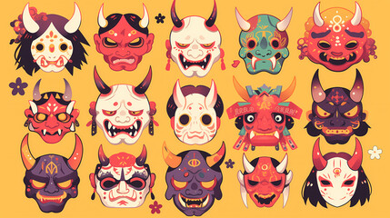 Colorful collection of artistic masks with intricate designs on a vibrant yellow background